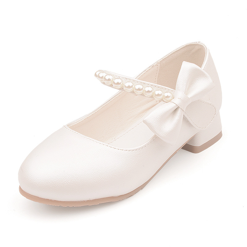 Zapatos de tacón alto con lazo blanco para niñas, tacones de princesa, marea de perlas, primavera y otoño