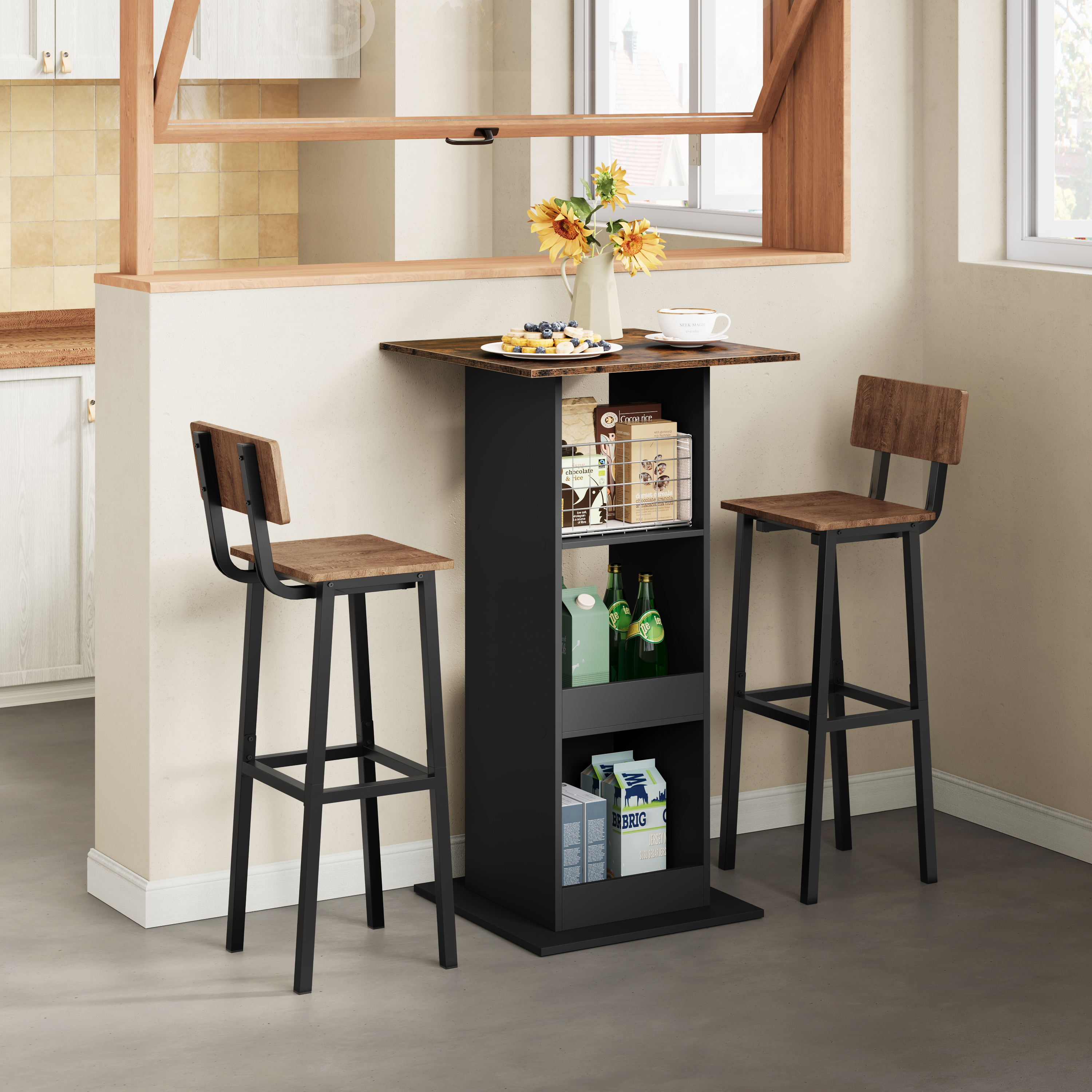 Mesa de bar de madera WOLTU, mesa de bistró marrón rústica con 3 estantes, mesa de mostrador cuadrada para cocina, comedor, altura del hogar, 112 cm