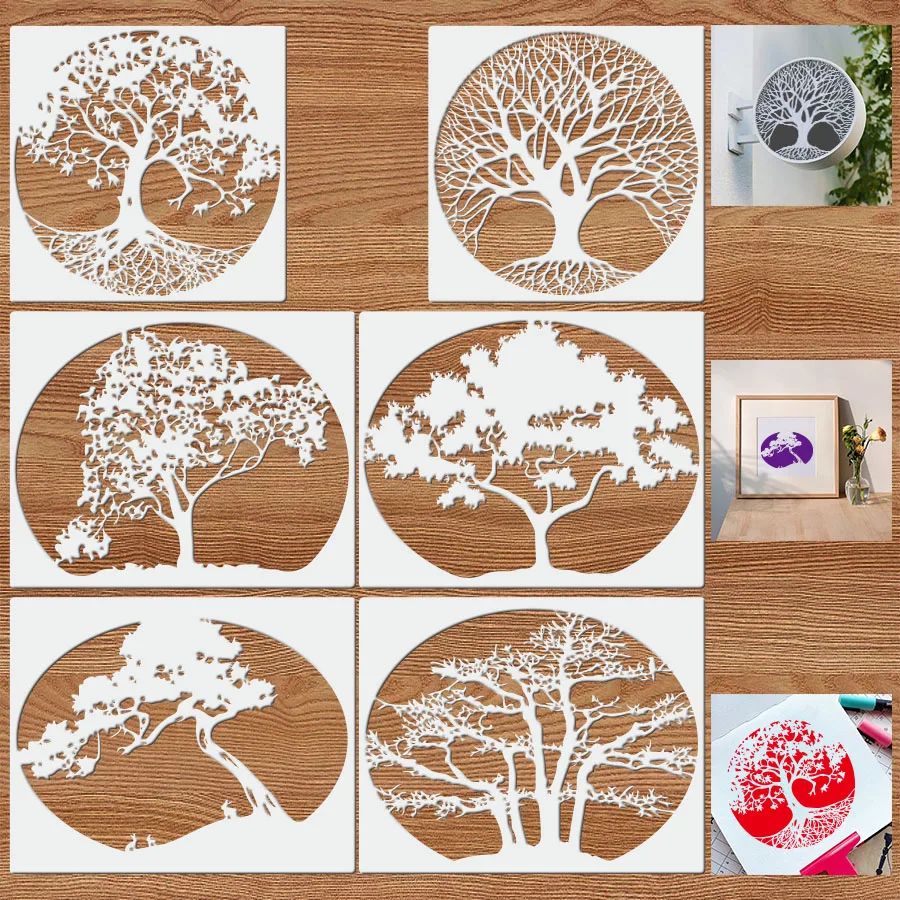 Juego de 6 plantillas de pintura de plástico Diseño de árbol forestal Guías de arte fáciles de usar para proyectos creativos
