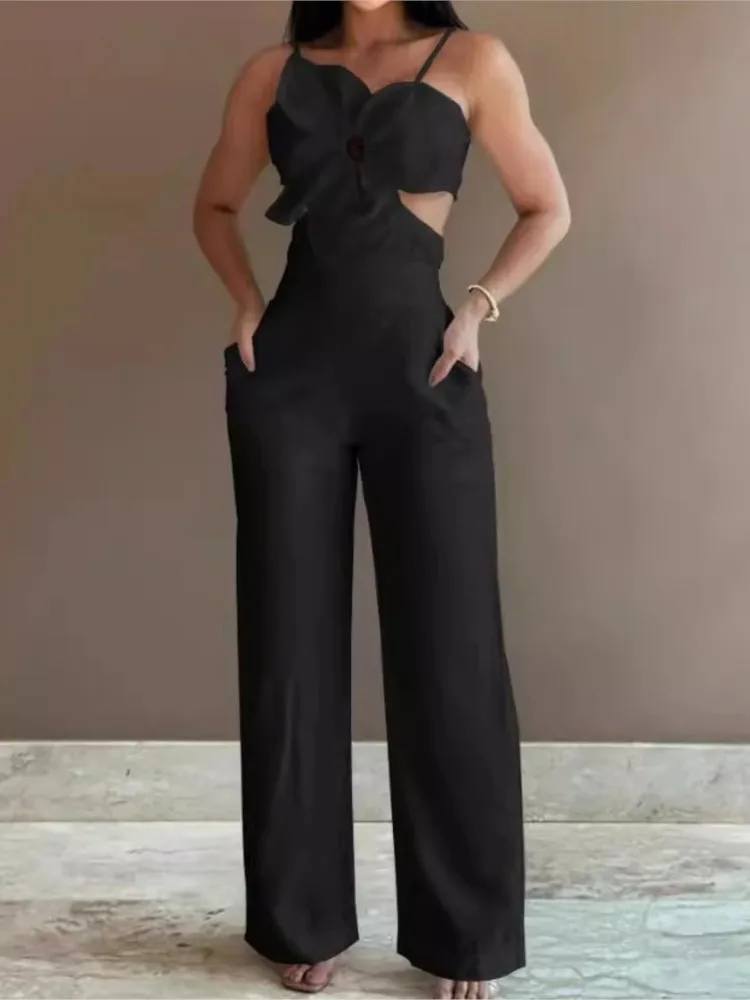 ฤดูร้อนสปาเก็ตตี้แฟชั่นJumpsuitผู้หญิงใหม่ดอกไม้รูปแบบShirred Hollow Out Casualไม่สมมาตรคอBackless Jumpsuits