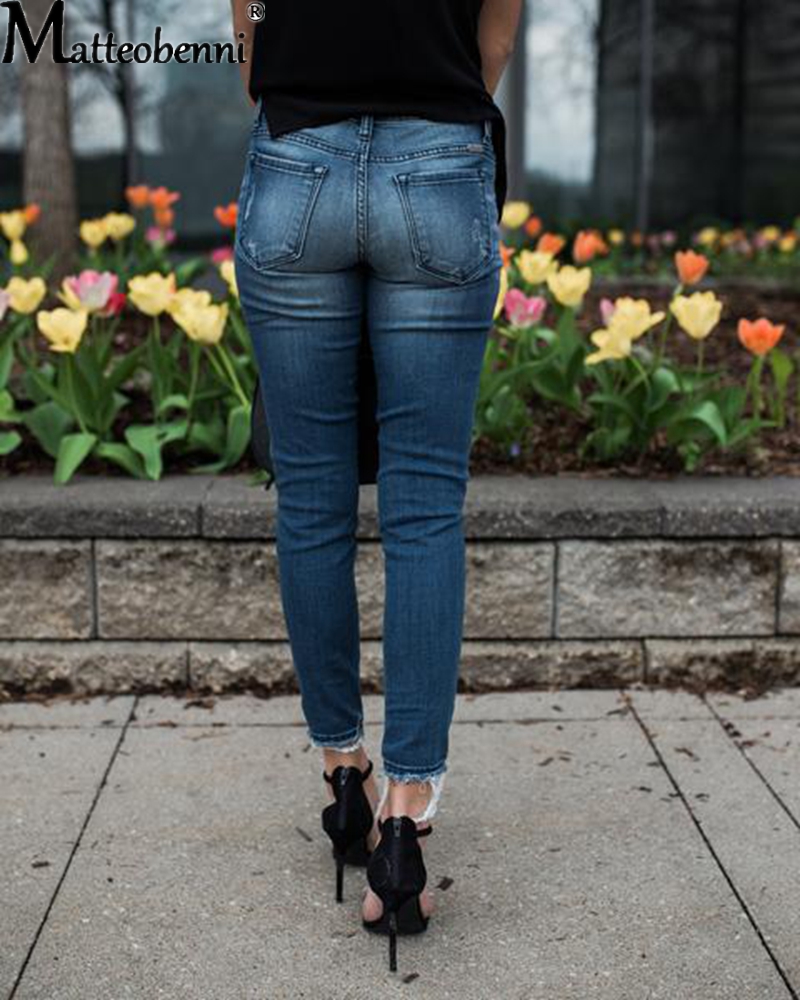 Moda Średnio wysoka talia Skinny Jeans Kobiety Vintage Distressed Denim Pants Jesień Crimped Destroyed Pencil Casual Ripped