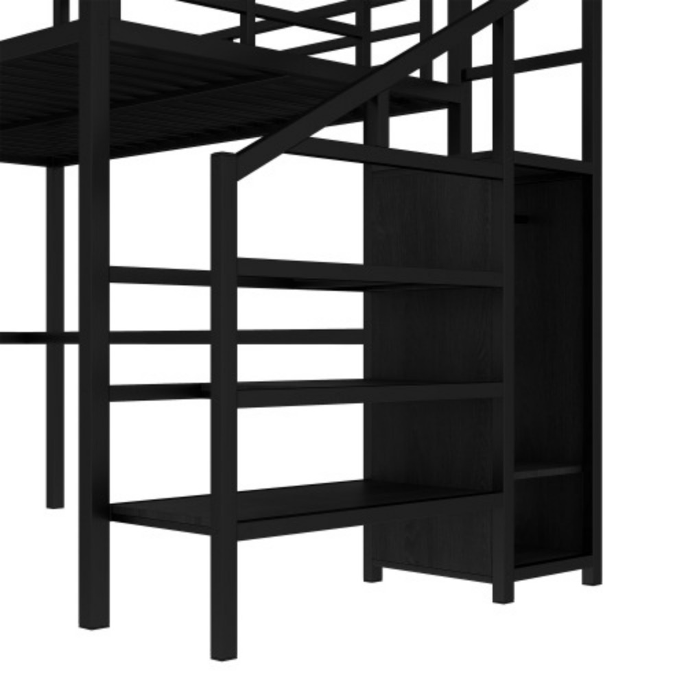 Full Size Loft Bed with L-shaped Desk and USB, Metal Loft Bed with Wardrobe and Adjustable Shelf, High Loft Bed with LED for Kid