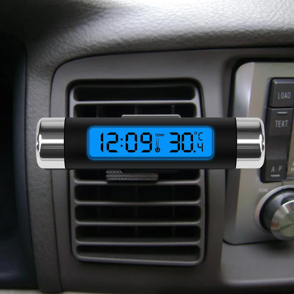 Portátil 2-em-1 relógio de carro termômetro digital lcd relógio interior do carro termômetro azul backlight para acessórios interiores do carro