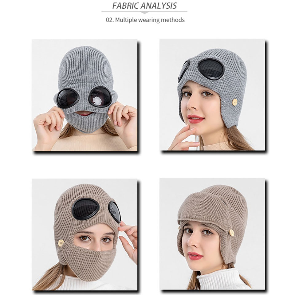 GETINIF 1Pcs Winter Warm Pilot Ear Protection Hat Windproof Cold Proof Thickened Knitted Hat for Women with Mask Knitted Hat