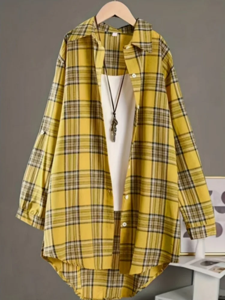 Camisa a cuadros de algodón y lino, holgada, media larga, talla grande, para mujer, informal, diaria