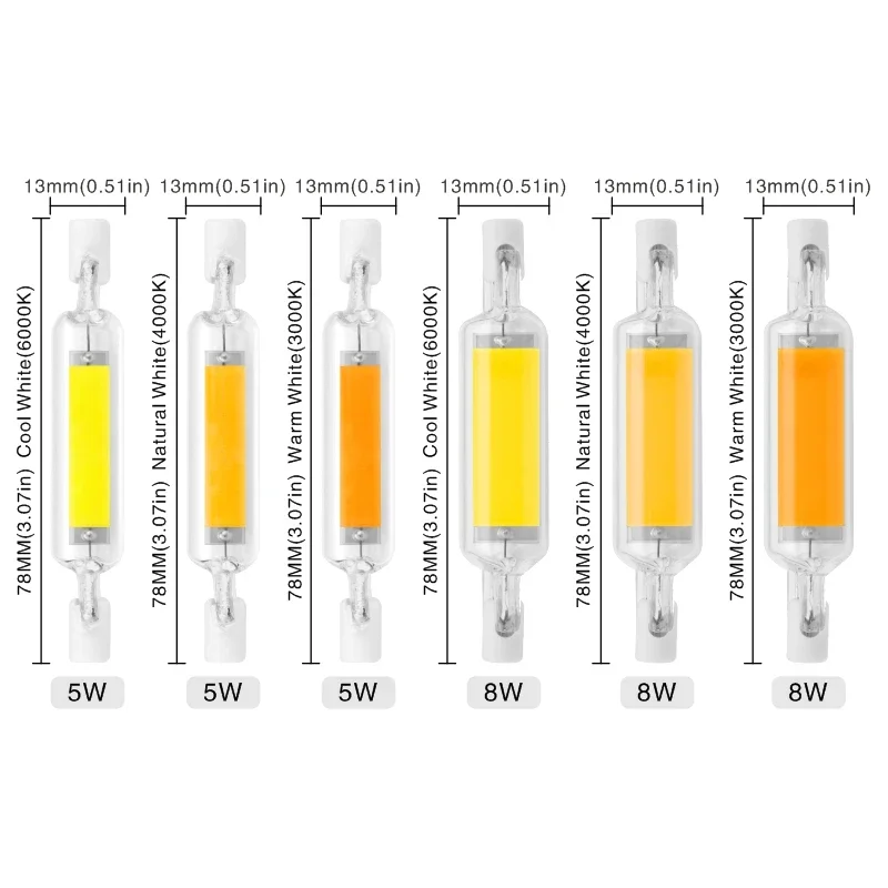 Dimmbare R7S-LED-Lampe, 78 mm, 118 mm, 5 W, 8 W, 10 W, 20 W, R7S-Strahler, 220 V, COB-Lampe, Dimmer, Glasröhre, ersetzt 30 W, 50 W, 100 W Halogenlicht