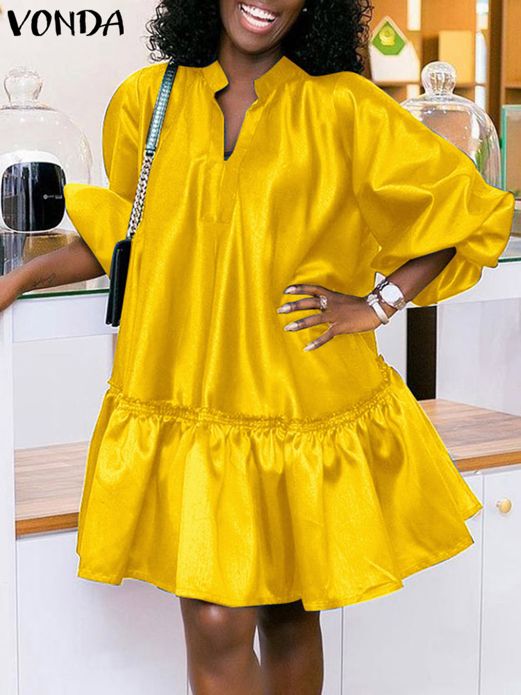 Vonda-女性用サテンショートドレス,ランタンスリーブ,Vネック,単色,ボヘミアン,ラージサイズ,5XL,エレガント,パーティー,夏,2021