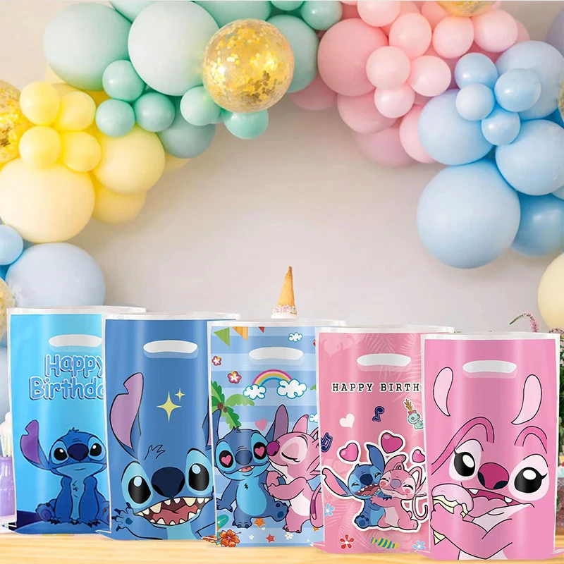 30pcs 블루 핑크 스티치 파티 선물 가방 핸들 릴로 & 스티치 테마 파티 호의 가방 베이비 샤워 아이 생일 파티 장식