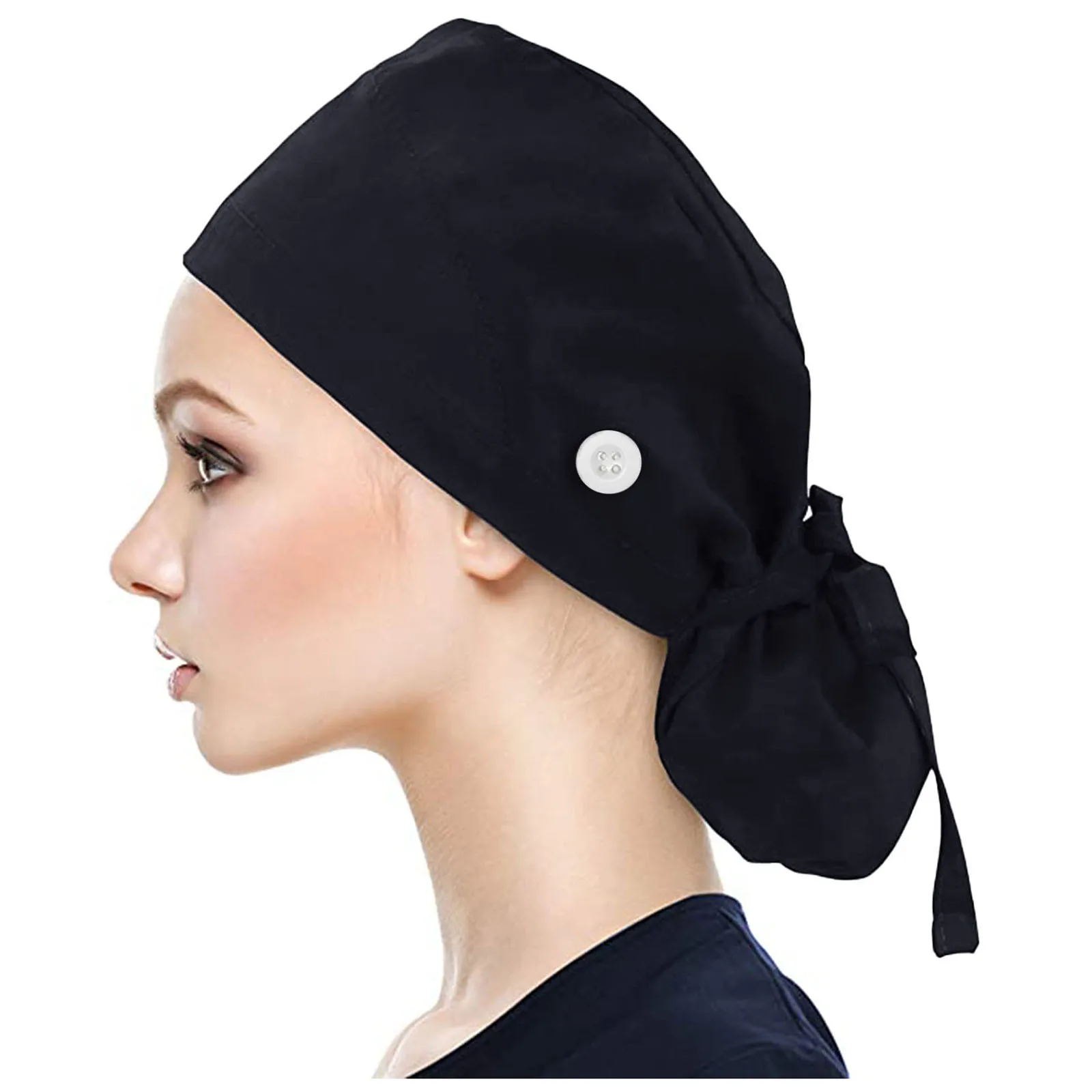 1pc Working Cap With Button Long Hair Adjustable Working Hat Ponytail Holder Tie Back Hats For Women & Men Unisex Scrub Cap