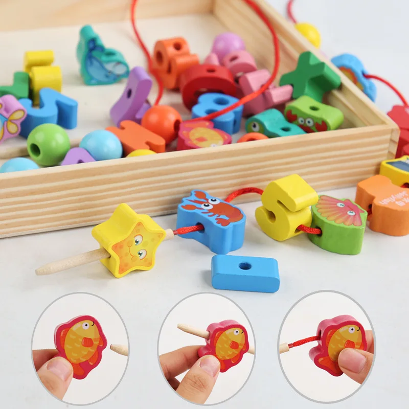 9/36pcs ไม้ของเล่นเด็ก DIY ของเล่นการ์ตูนผลไม้สัตว์ Stringing Threading ลูกปัดไม้ของเล่น Montessori การศึกษาสําหรับเด็ก