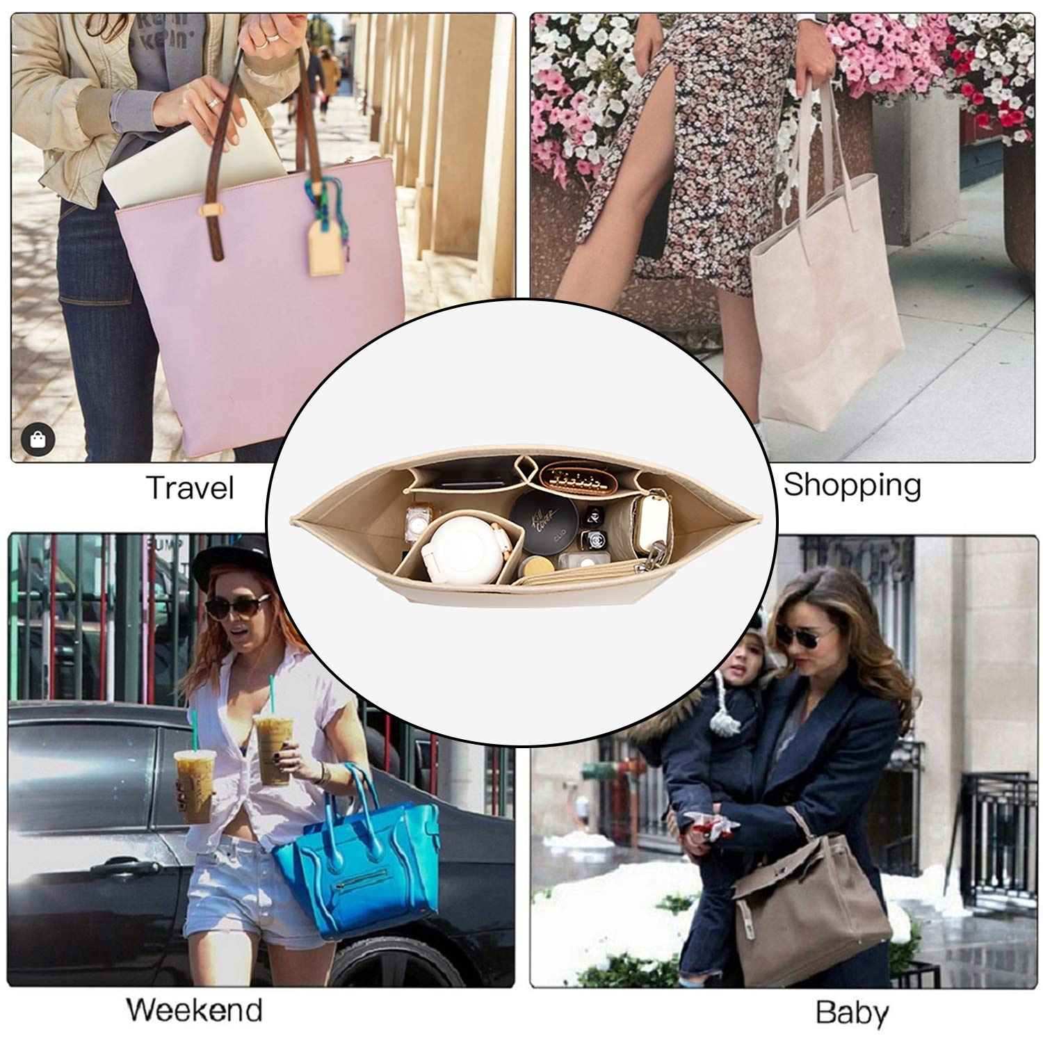 Organizador de bolso, organizador de bolso de fieltro con múltiples bolsillos, organizador de bolso de mano plegable para insertar organizador de cartera para bolso