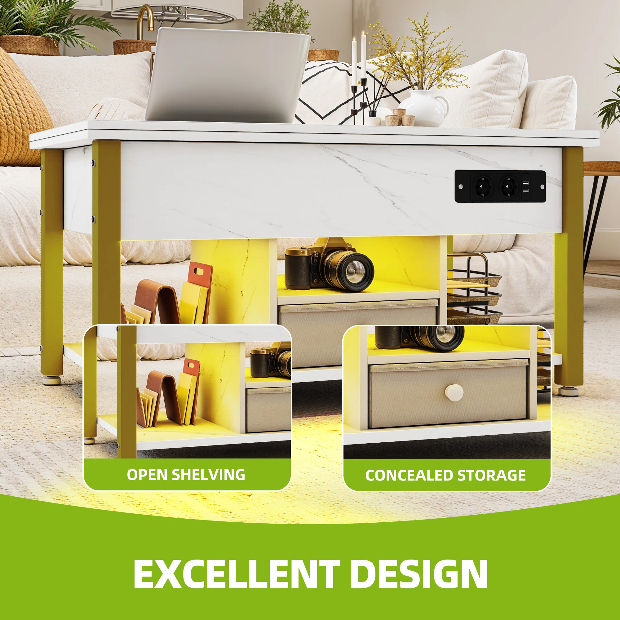 YITAHOME Table basse 4 en 1 en marbre blanc – Hauteur réglable, convertit en table à manger avec rangement et éclairage LED