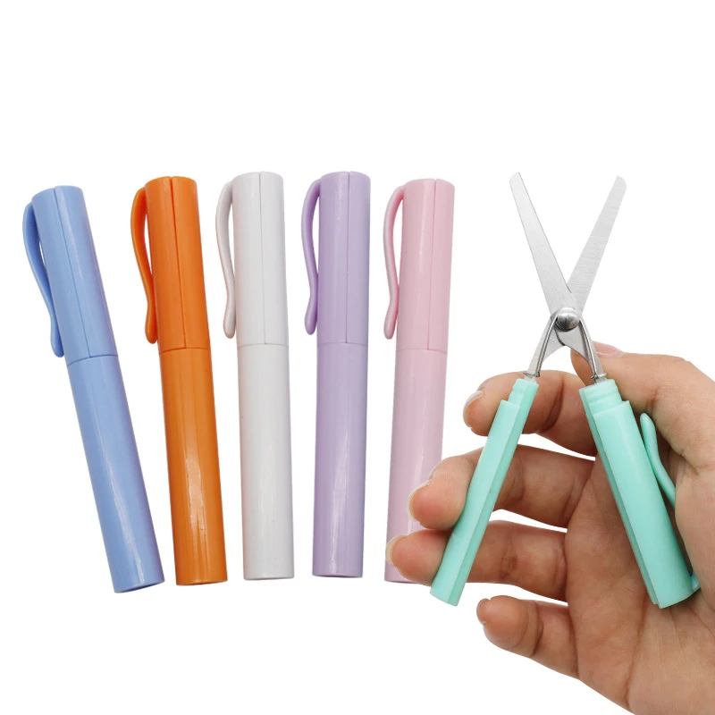 1pc 컴팩트 스테인레스 스틸 미니 접는 가위 휴대용 크리 에이 티브 펜 스타일 디자인 블루 핑크 화이트 학생 미술 프로젝트