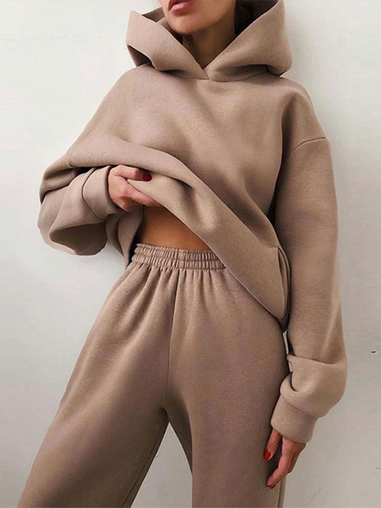 Sólido grosso com capuz conjunto com capuz feminino elástico calças compridas conjunto de duas peças roupas grande bolso design quente solto casual outono inverno