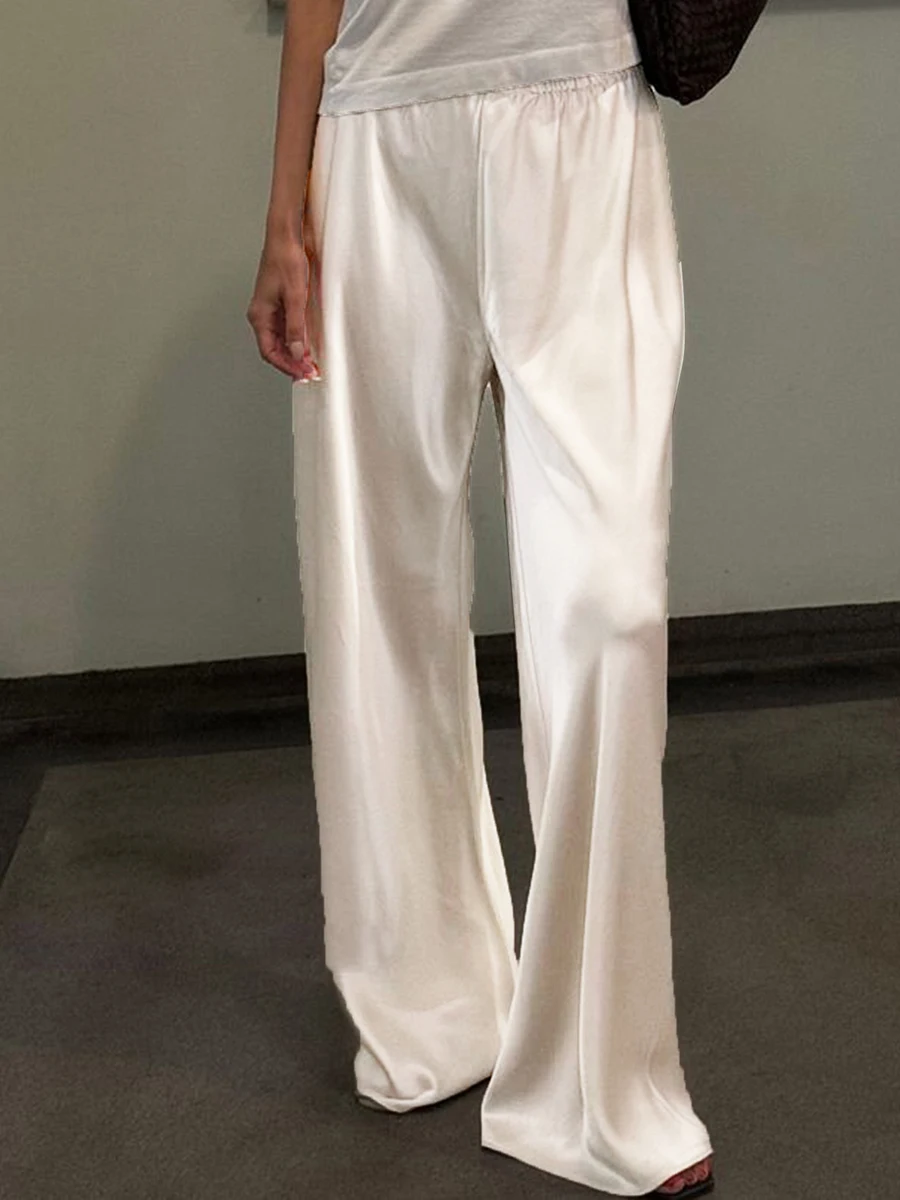 Chic Satin Wide Leg Dress Pants Women's Stylish Elastic Waist Loose Fit Long Trousers for Streetwear Work Solid Color