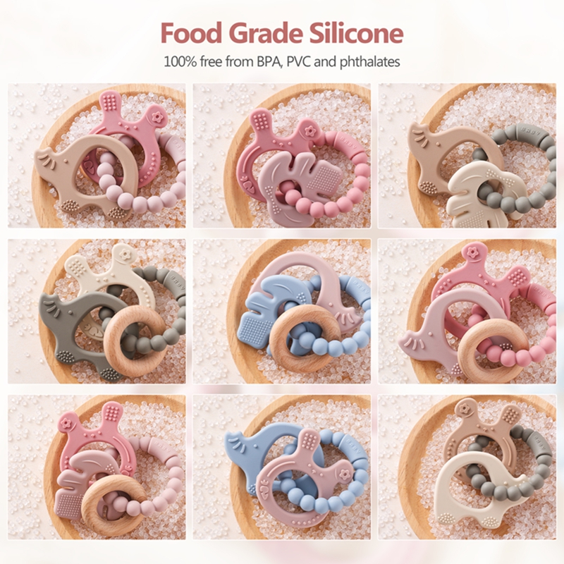 Pulsera mordedor de silicona para bebé, juguetes de dentición sin BPA, anillo de madera para lactancia, 1 unidad
