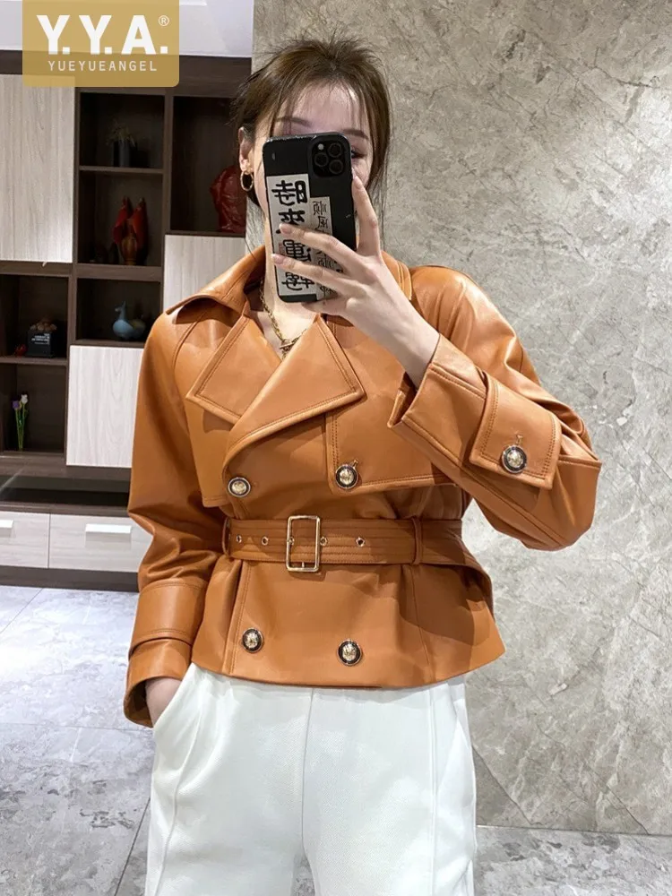 Frühling Herbst neue zweireihige Schärpen Frauen Echt lederjacke schlanke hohe Taille Büro Damen echte Schaffell Kurz mantel