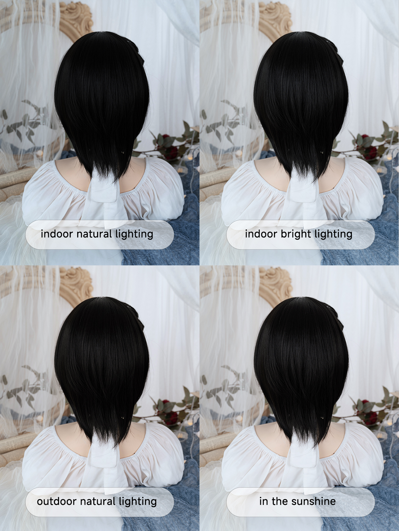 女性用フリンジ付き黒合成かつら,14インチ,美しいスタイル,ロリータ,ショート,ストレートヘア,日常使用,耐熱性