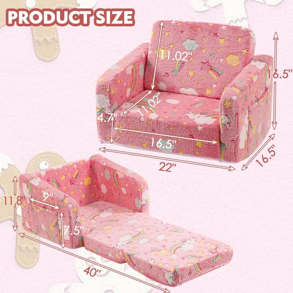 Kids Sofa Couch Fold Out, Baby Toddler Comfy Soft Chair, Flip Out Foldable Children 2 in 1 Convertible Sofa to Lounger