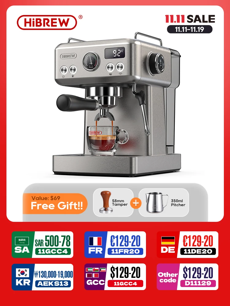 HiBREW 20Bar halbautomatische Espressomaschine, temperaturverstellbar, 58 mm Siebträger, Kalt-/Heiß-Kaffeemaschine, MetallgehäuseH10A