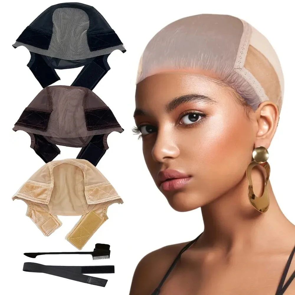 Peluca de encaje para mujer, gorro con agarre ajustable, gorros de peluca antideslizantes con recortes para las orejas, diadema de Velcro ajustable, regalo de vendaje y cepillo