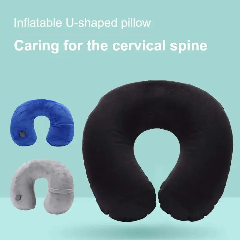 Almohada de viaje en forma de U, inflable portátil para cuello, soporte para columna Cervical, cojín corto de felpa, elementos esenciales para dormir en la oficina, 1 ud.