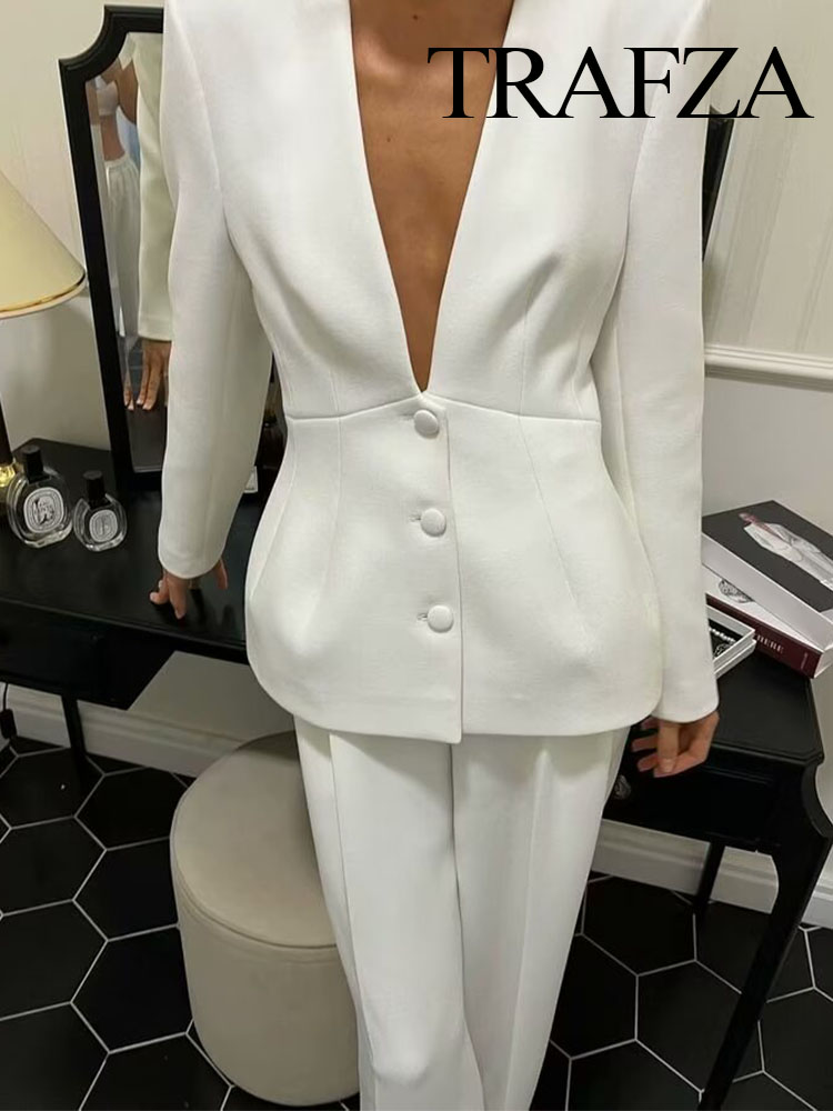 TRAFZA Damen 2-teiliges Set mit V-Ausschnitt, einreihig, langen Ärmeln, Blazer, Mantel + modische Hose mit hoher Taille und Seitentaschen