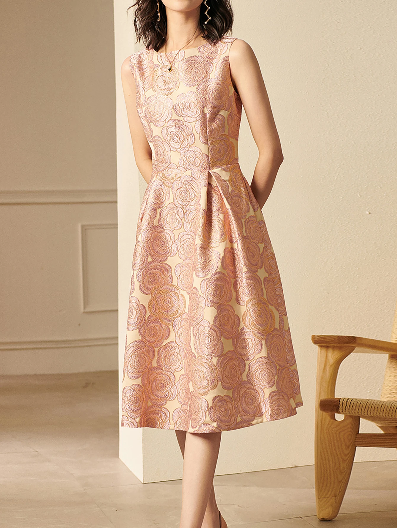 Devchua elegante feminino sem mangas verão jacquard boho floral vintage senhoras roupas de festa nova linha a midi vestido senhoras vestidos