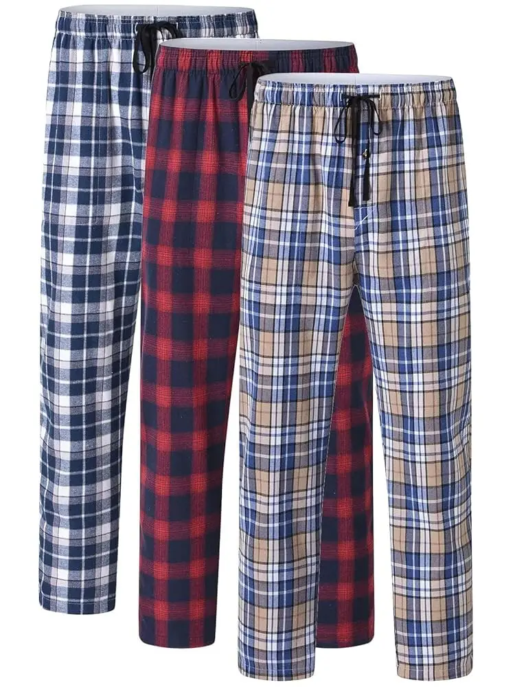3 pçs masculino 100% algodão xadrez pijama calças de dormir, longo xadrez impressão pijamas calças com cintura elástica homewear