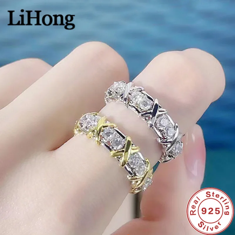 Anillo de plata de ley 925 de lujo entrelazado con anillo de cristal de circón Aaa para regalo de joyería de compromiso de una mujer 2 opciones de color