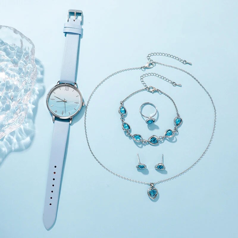 6 pçs conjunto moda feminina simples relógios de pulso azul strass relógio de quartzo pulseira de couro senhoras vestido pulseira relógio conjunto presentes