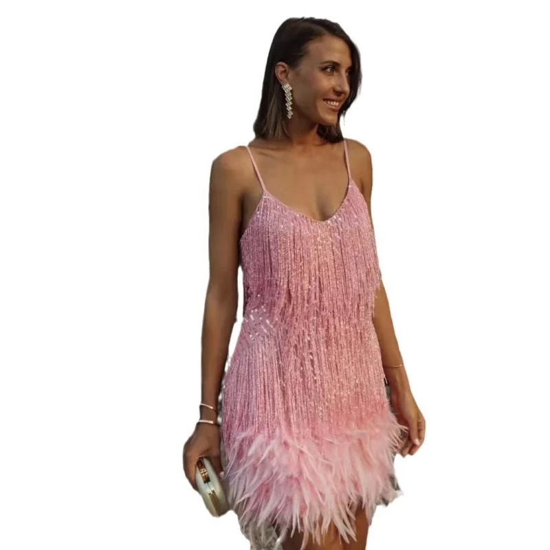 Mini vestido com franjas de lantejoulas e acabamento de penas vestido de festa brilhante com decote em V sem mangas para mulheres no clube noturno