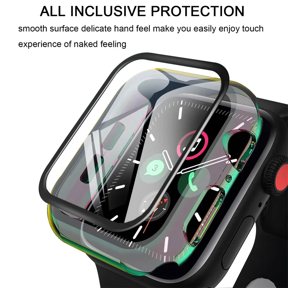 Vidro e Capa para Apple Watch, Case, Para-choques, Protetor de Tela, Série 9-8, Série 7, Série 6, Série 5, Série 4, Série 3, Série SE, 40mm, 44 milímetros, 42 milímetros, 38 milímetros, 41 milímetros, 45 milímetros