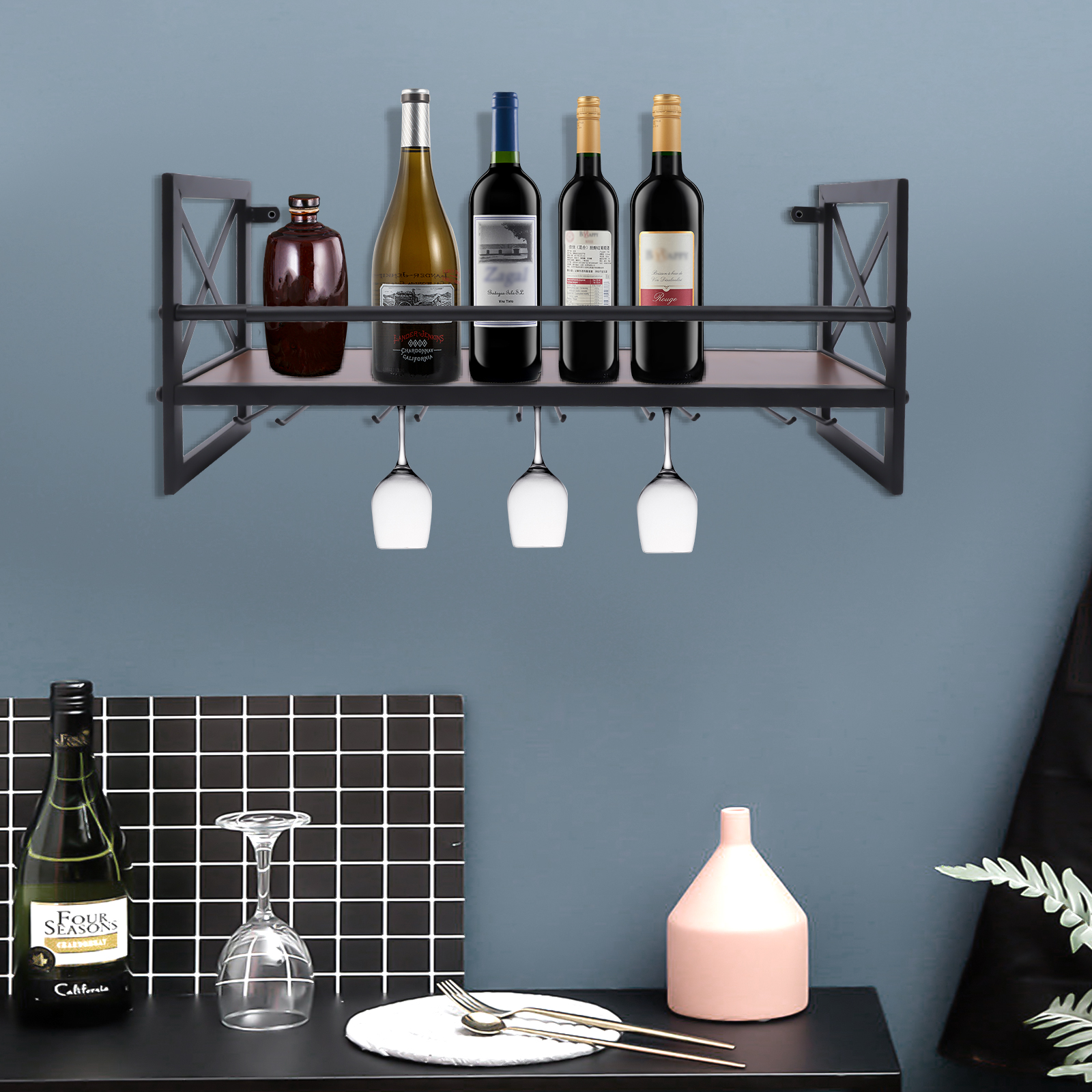 Wall Mounted Metal Storage Shelf Bottle 5 Glass Holder Wall Mounted Home Bar For Kitchen Restaurant Bathroom