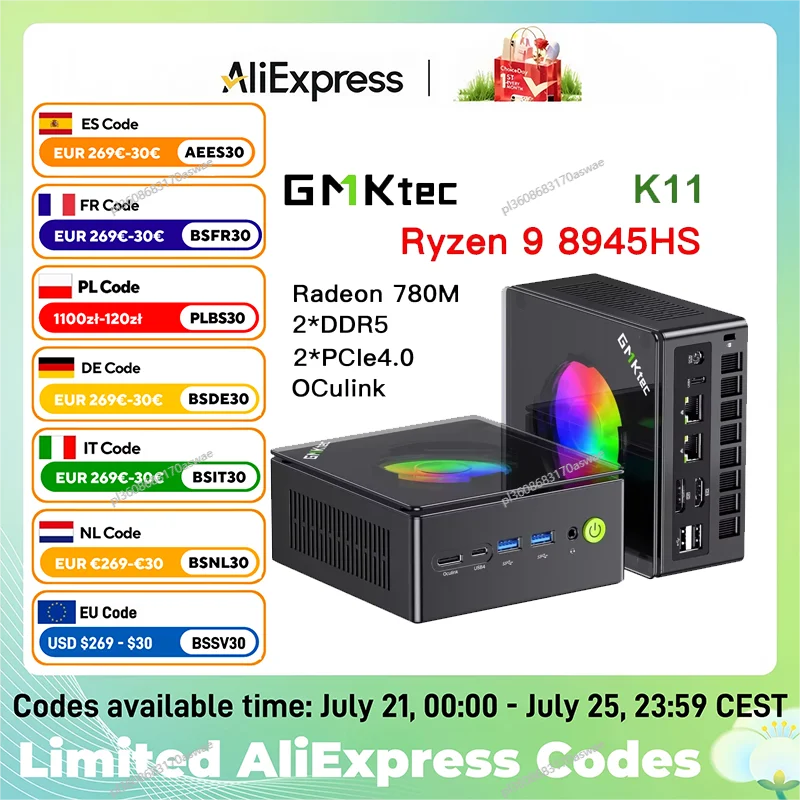 GMKtec-Gaming Mini PC Gamer Computer, Ryzen 9, 8945HS, Radeon 780M, Windows 11 Pro, DDR5, 32GB, 1TB SSD, WiFi 6, BT5.2, 2.5GLan