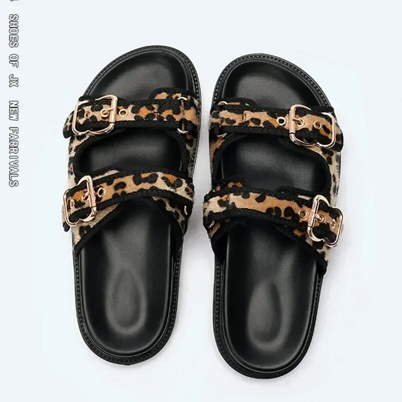 High Quality Leopard Metal Buckle Design Women Slippers Sexy Comfort Non Slip Slide Sandals Summer Size 43 Platform Flip Flops