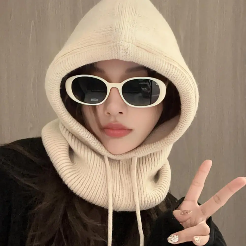 Gorros de pasamontañas para mujer, gorros tejidos con capucha, gorros con cordón más cálidos de estilo coreano para invierno, gorros con cuello de una pieza