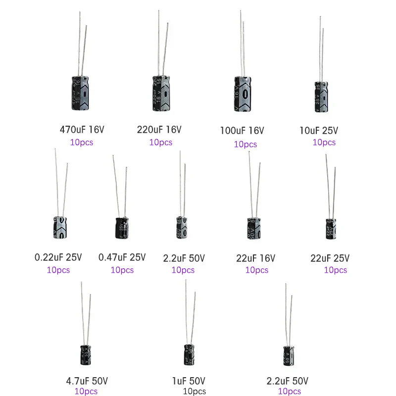 120 Uds 12 tipos de condensadores electrolíticos Range1UF-470UF Kit surtido, condensadores electrolíticos radiales de aluminio de 16V/25V/50V