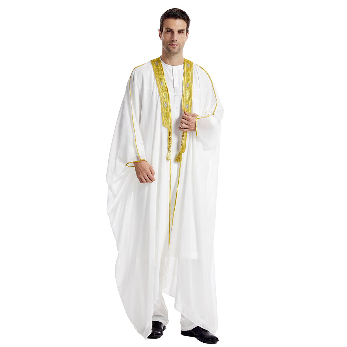Bata de manga larga con contraste bordado para hombre, capa Thobe, Abaya, Burqa, Ramadán, islam, Color saudita
