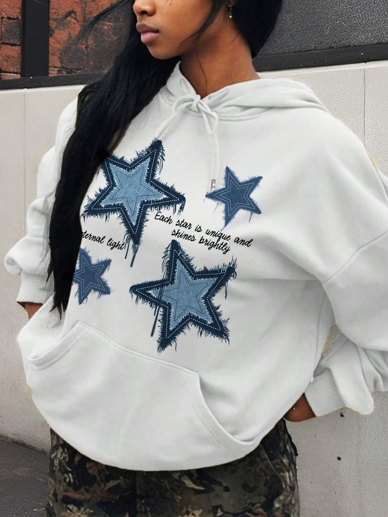 Retro Blue Star Gedruckt Frauen Hoodie Casual Mehrfarbige Hoody Vintage Lose Y2K Hoodies Bequeme Fleece Frau Kleidung
