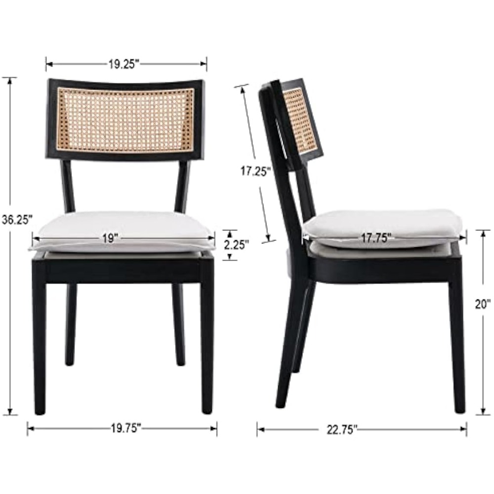 Black Rattan Dining Chairs Set of 4, Farmhouse Cane Back Kitchen Chairs with Removable Linen Upholstery Side Chairs