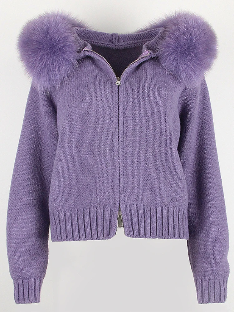 OFTBUY 2023 Neue Mode Herbst Winter Casual Mit Kapuze Echt Fox Pelz Kragen Kurze Gestrickte Jacke mit Natürlichen Warmen Mantel für Frauen