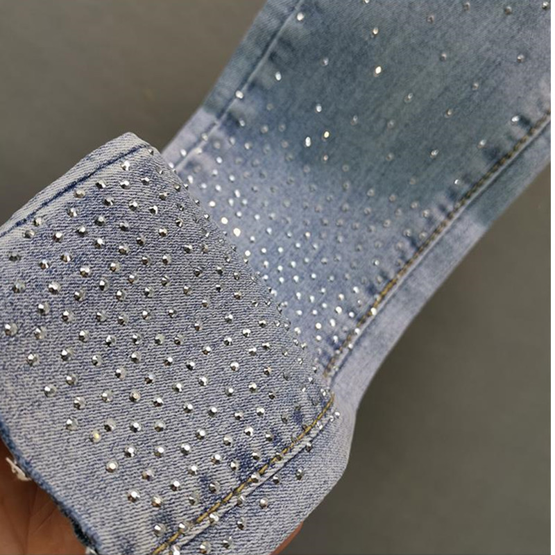 Pantalones vaqueros de mujer 2025, novedad de verano, elásticos, ajustados, industria pesada, pantalones pitillo de pie pequeño con diamantes calientes, pantalones vaqueros informales para mujer