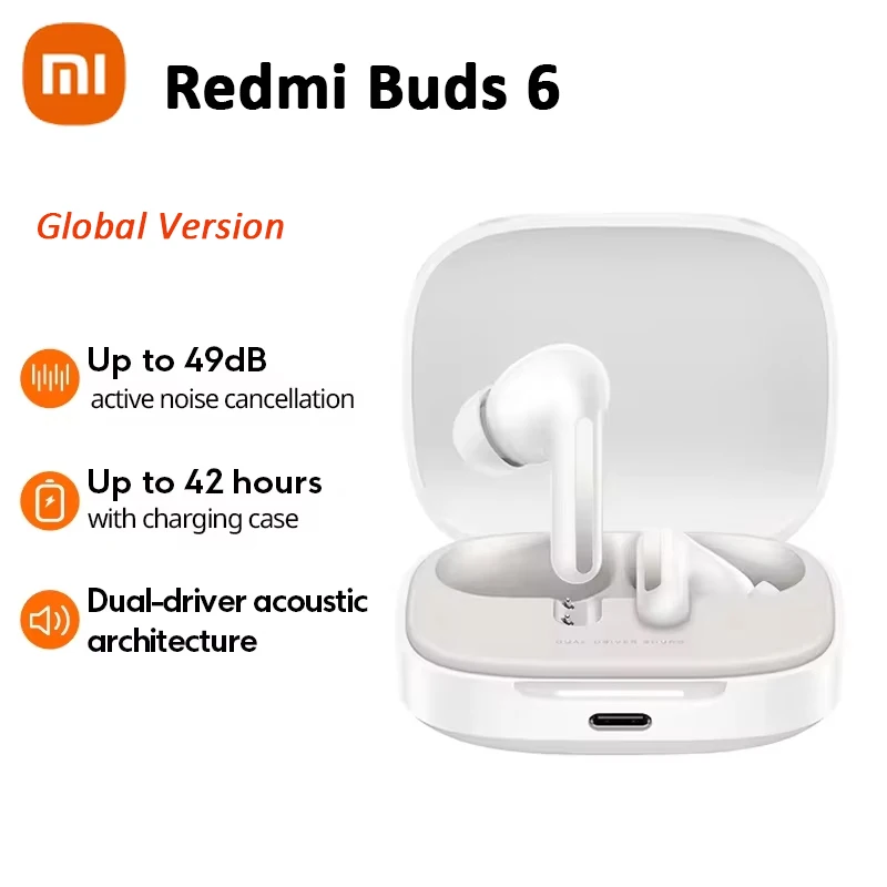 Глобальная версия Xiaomi Redmi Buds 6 До 49 дБ с активным шумоподавлением До 42 часа прослушивания с зарядным чехлом