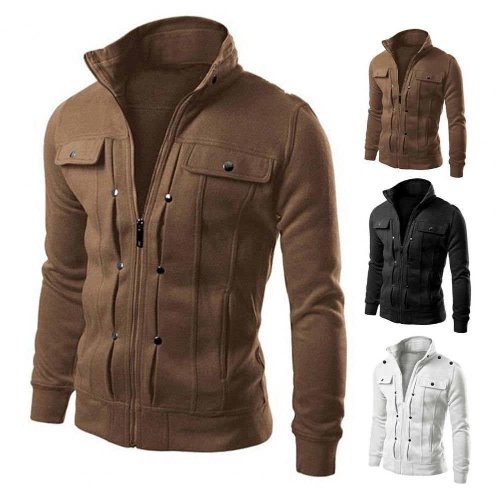 Prendas de abrigo para hombre, ropa de abrigo elegante de primavera con cuello levantado y cierre de cremallera, chaqueta informal para otoño, Color sólido, larga para hombre