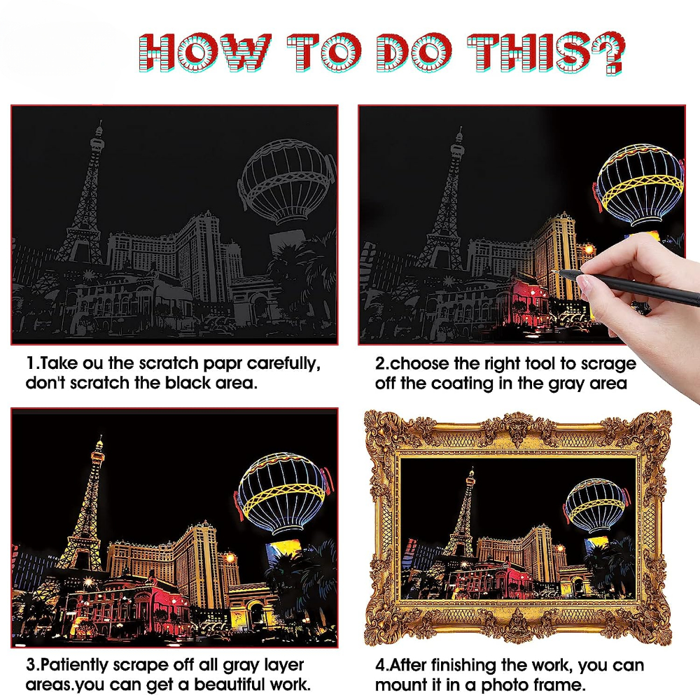 4Pcs 어린이 DIY 밤 장면 아트 스크래치 그림 장난감 도시 건물 풍경 어린이 교육 장난감 생일 선물 룸 장식