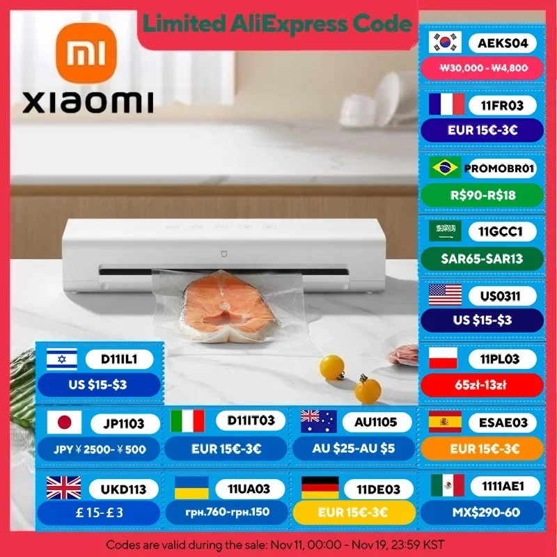 Вакуумный упаковщик XIAOMI MIJIA, всасывание 70 кПа, режимы сухой/влажнения, 10 вакуумных пакетов с внешней вакуумной системой, вакуумные упаковщики пищевых продуктов