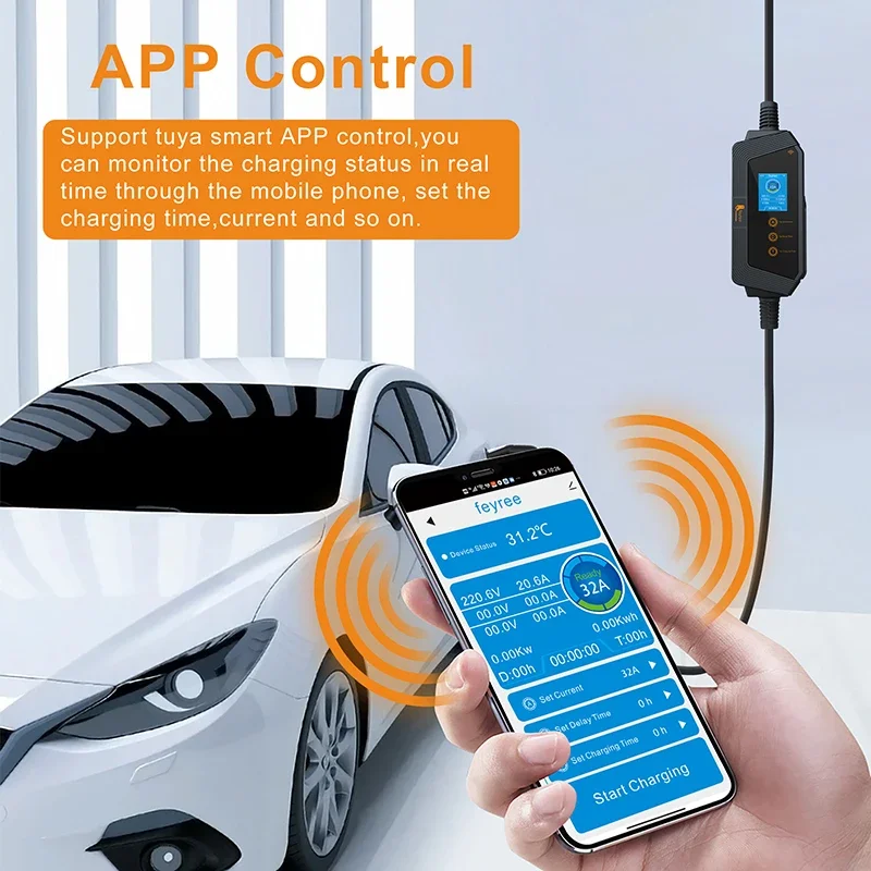 feyree Portable EV Charger with TS-NACS Connector 32A up to 50A 12kw High Power EV wallbox with APP WIFI for All Tesla Models
