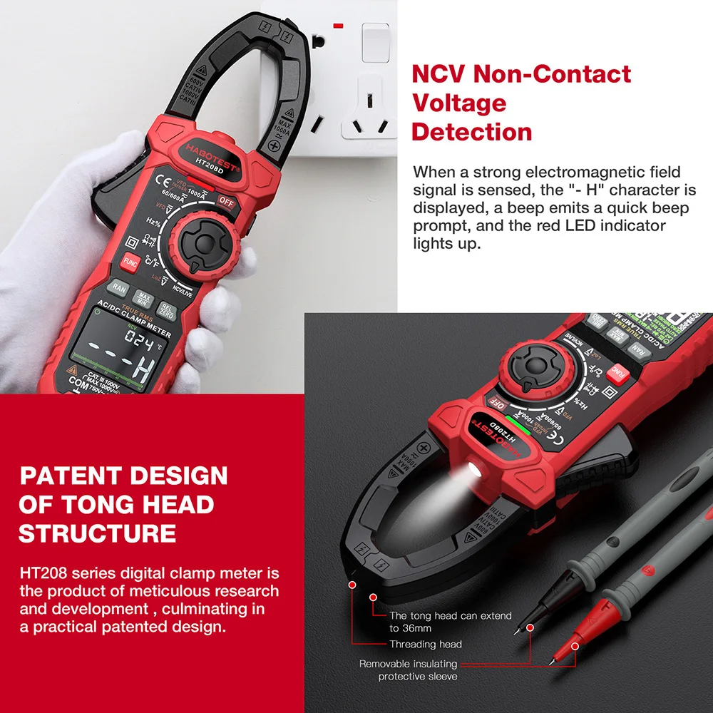 HT208A/D AC/DC Digital Clamp Meter มัลติมิเตอร์ Pinza Amperimetrica True RMS ความแม่นยําสูง Capacitance NCV Ohm Hz เครื่องทดสอบ