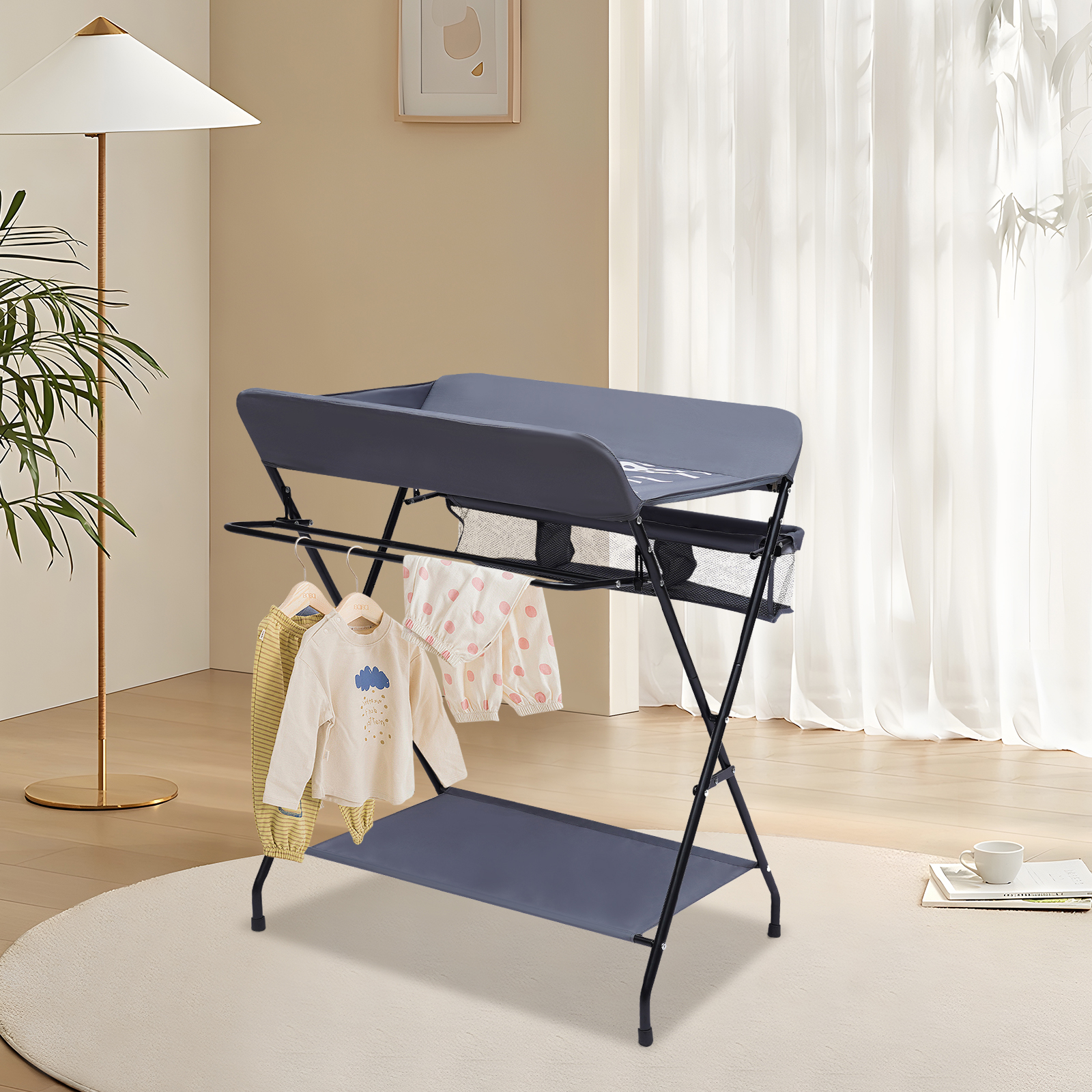 Mesa para troca de fraldas de bebê, organizador dobrável para troca de fraldas de bebê com cesta de armazenamento e placa de armazenamento inferior